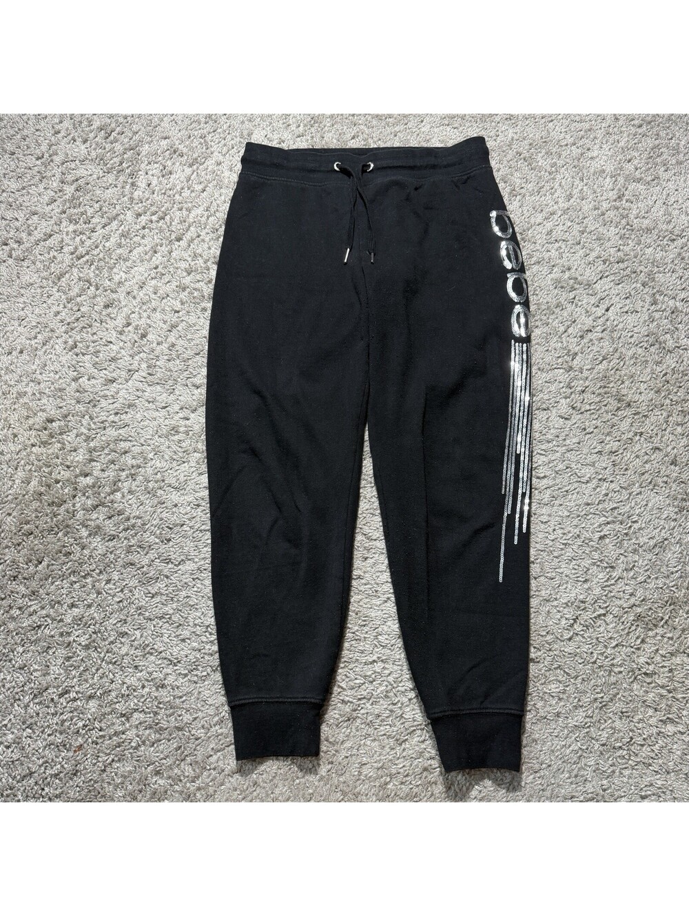 bebe Sport Y2K Jogger Fleece Sweatpants Women's Black Sequin Logo Bling Small